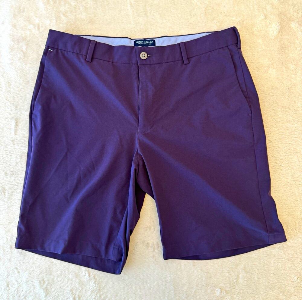 Peter Millar Men's Purple Solid Chino Shorts Flat Front Button Closure